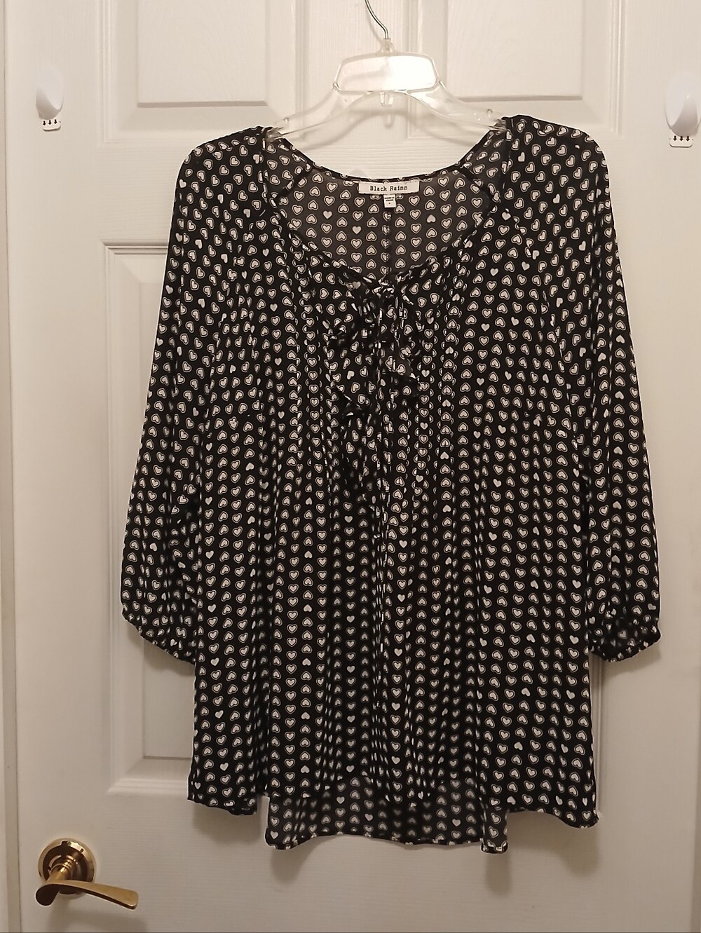 Black Rainn Women's Ruffle Boho Peasant Blouse Tunic Size L Navy Black Hearts